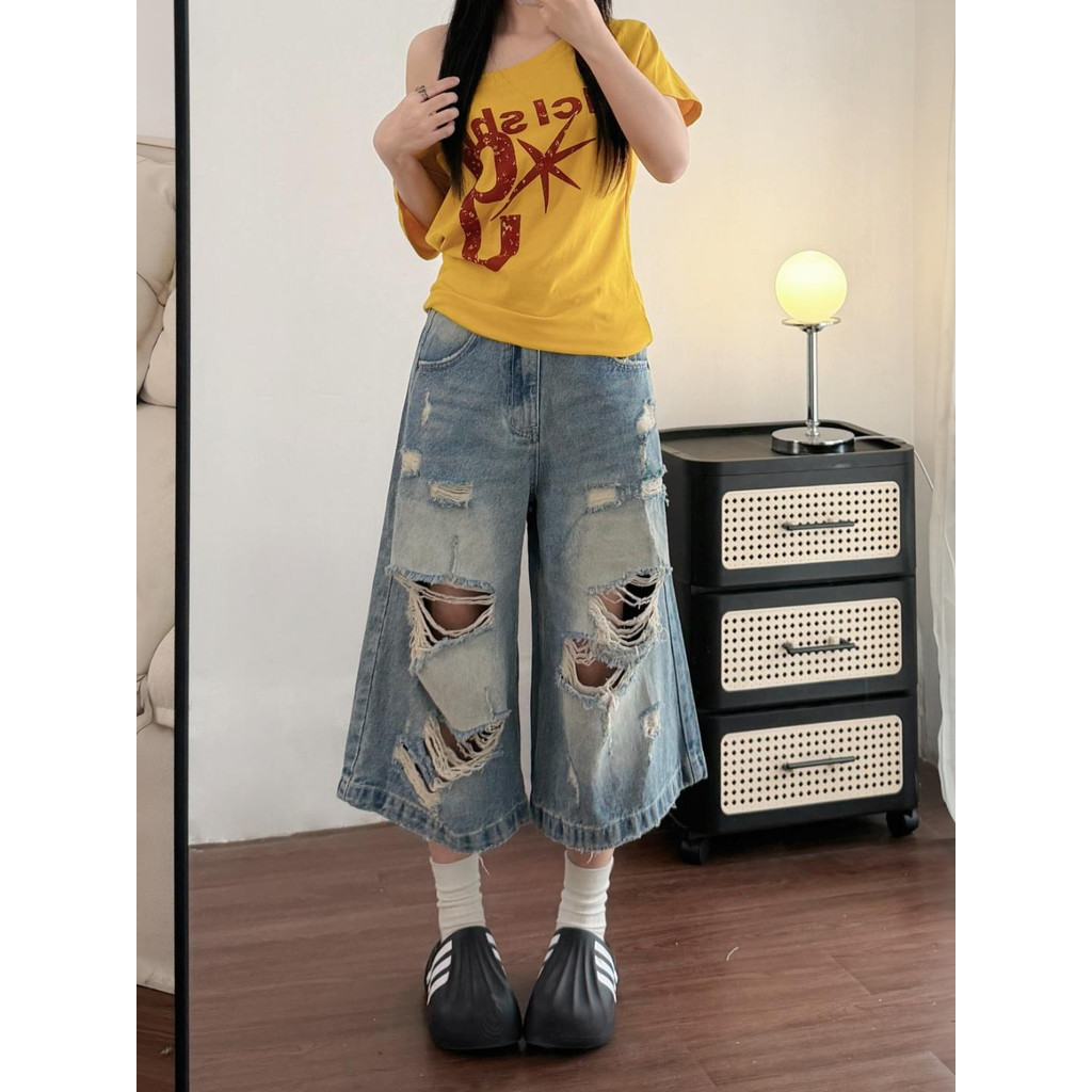 Tamanho grande gordura mm americano Retro High Street rasgado Denim calças cortadas mulheres verão solto mais magro olha