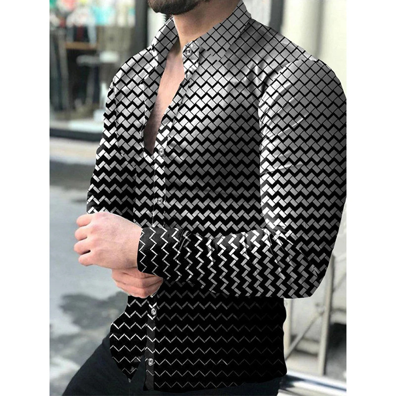 Camisas Sociais Masculinas de Luxo e Moda, com Gola Dobrada e Botões, Estampa Xadrez Casual, Manga Longa, Roupas Masculi