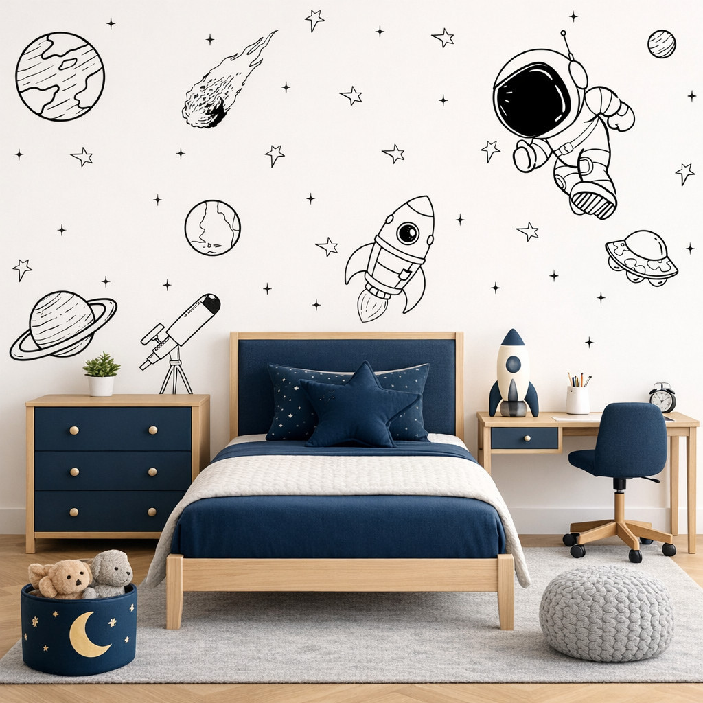 Adesivo de Parede Infantil Personalizado | Universo, Astronauta, Foguete, Planetas e Estrelas