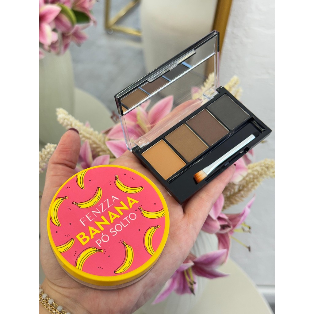 KIT Pó Solto Banana Fenzza + Paleta maquiagem Ruby Rose Para Sobrancelha com Primer Corrige Preenche