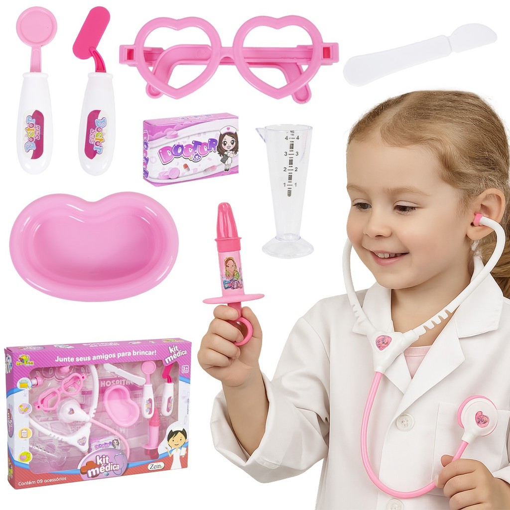 Brinquedo de Doutora Com Itens Médicos Educativos Rosa Oculos De Coração Estetoscópio Bisturi – Art Brink
