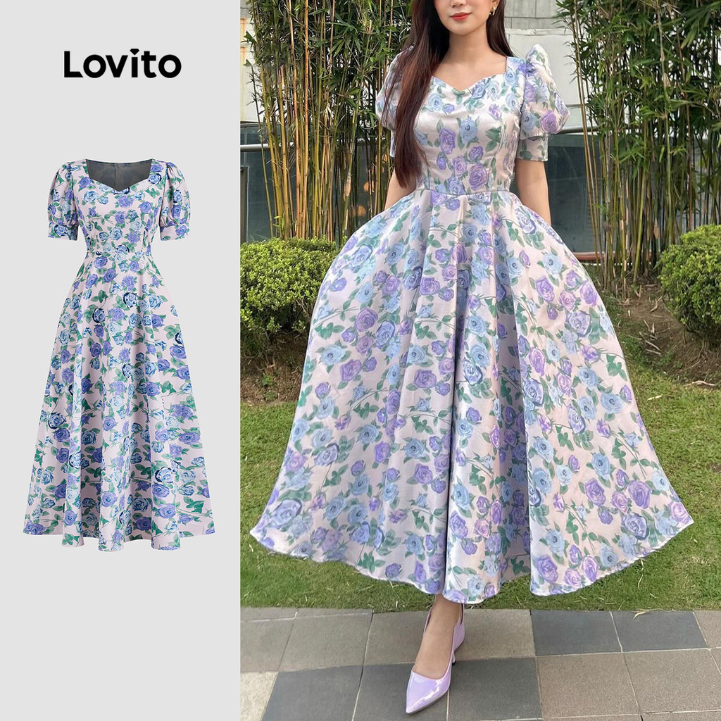 Vestido de manga curta com estampa rosa e gola coração grande e bainha bufante-DRB149P1D442 em Oferta na Shopee