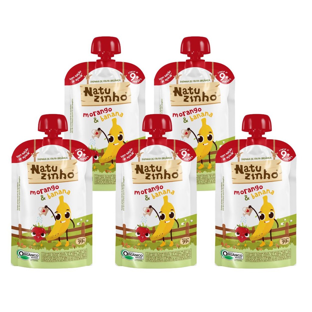 Kit Papinha Organica Natuzinho Morango Banana Bebe 5 unid