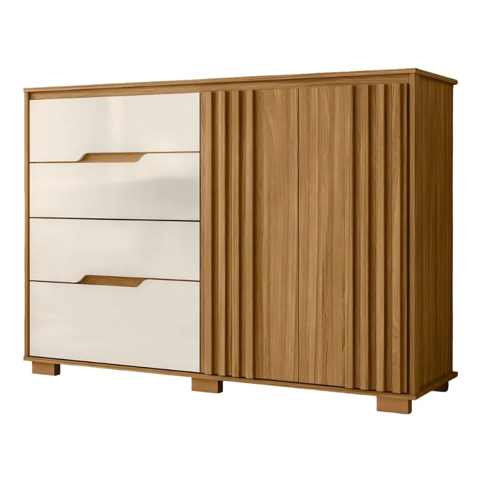 Cômoda 4 Gavetas 2 Portas Com Ripado Texas Freijó/Off White Moval em Oferta na Shopee