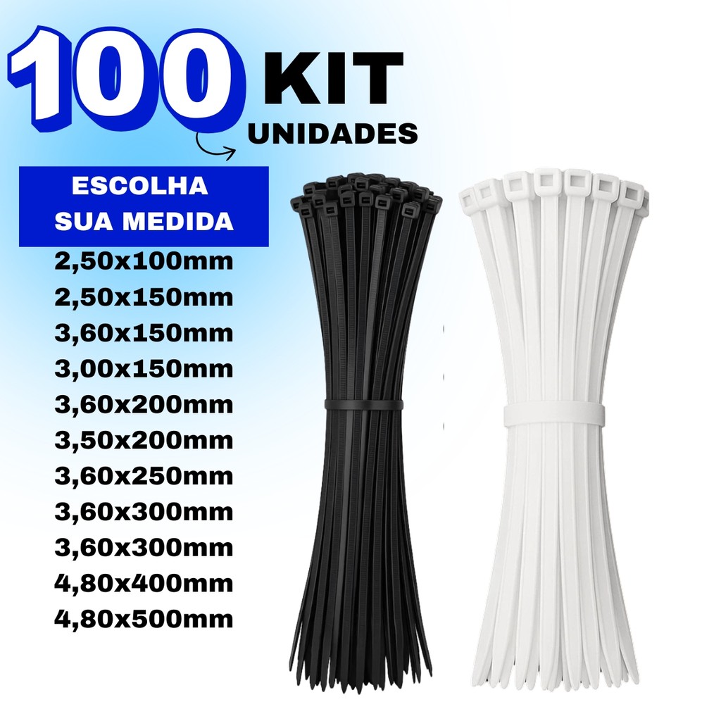 Kit 100 Cintas Plasticas Abraçadeira Nylon Enforca Gato Preto/Branco - Várias Medidas