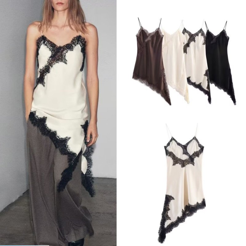 Verão novos produtos feminino estilo Sexy com decote em V sem mangas seda cetim textura renda vestido assimétrico5919200 em Oferta na Shopee