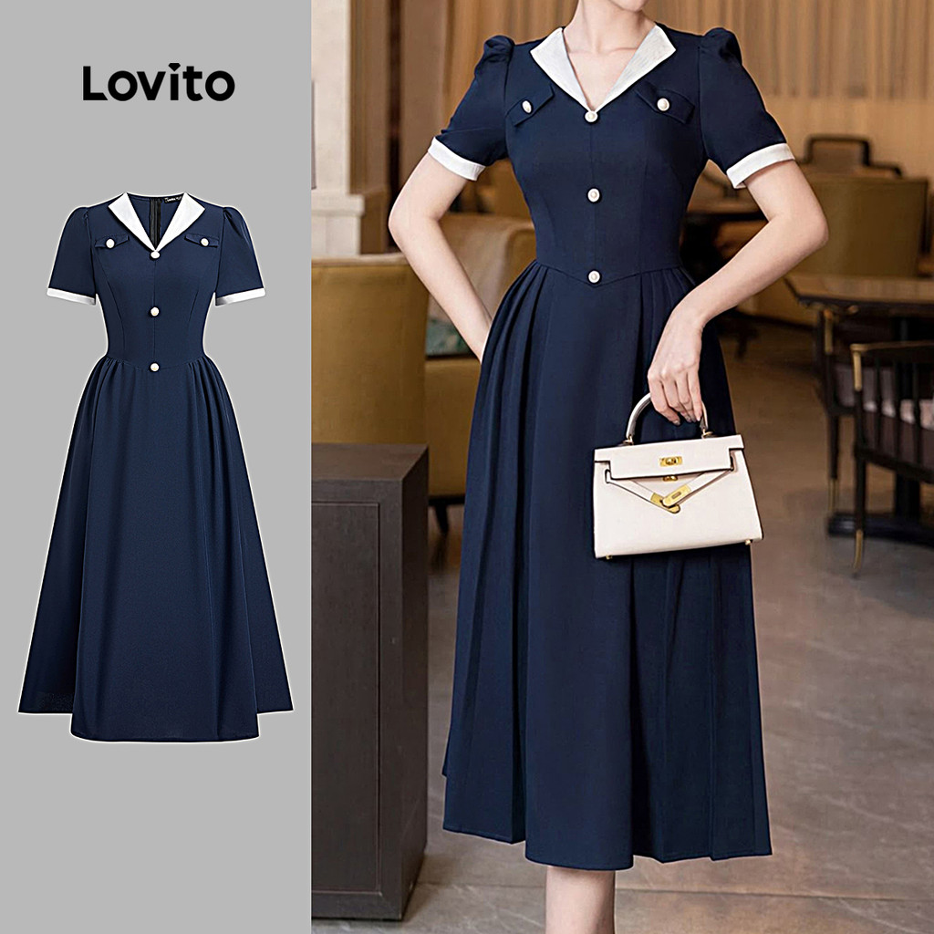 Lovito Vestido Elegante Clássico E Versátil Em Blocos De Cores Azul Para a Primavera/verão Ideal Para Mulheres L149ED428 em Oferta na Shopee