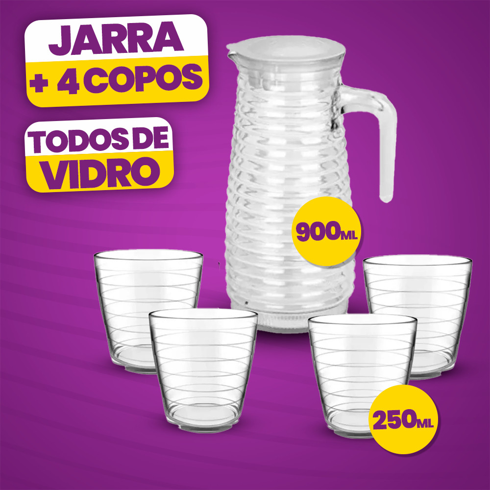 KIT JARRA DE VIDRO COM JOGO DE 4 COPOS RESISTENTES | 900ML + 4x 250ML | CONJUNTO DESIGN PREMIUM