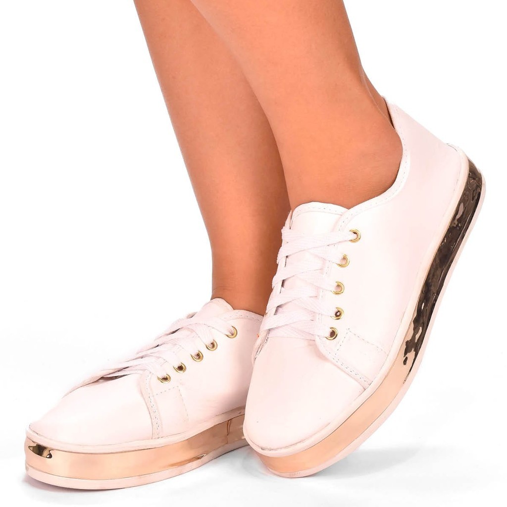 Tênis Casual Feminino Sapatenis Plataforma Detalhe Na Sola Dourado