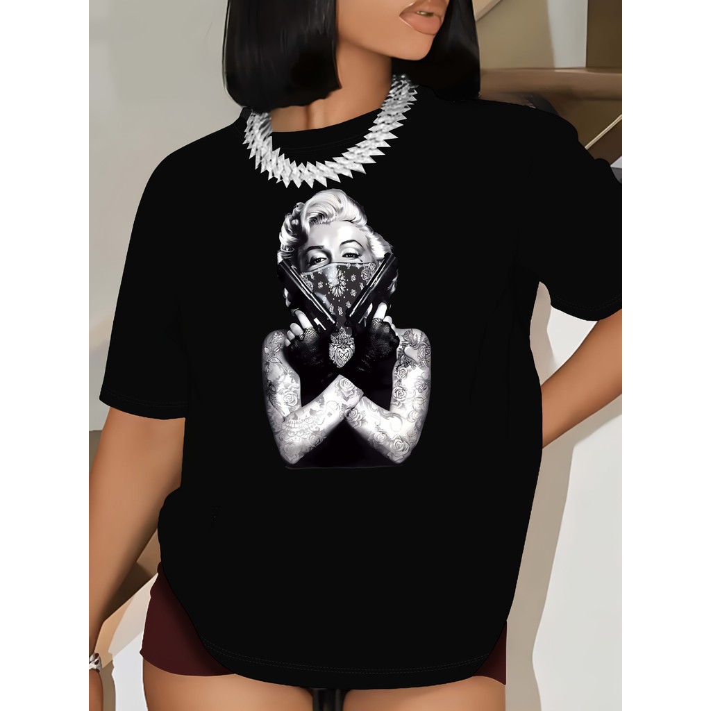 Bonito Camiseta Feminina Estampada Com Personagem Hip-hop Estilo Street, Camiseta De Algodão Casual E Confortável