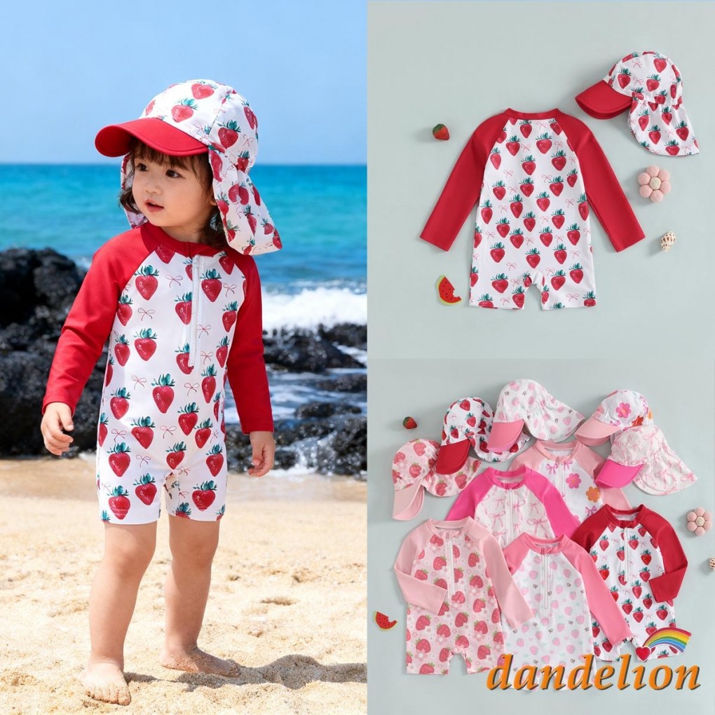 Maiôs De Manga Comprida Para Bebês Meninas Com Chapéu Floral/Arco/Morango Estampado Meio Zíper Sem Bolinhas Roupa De Ban