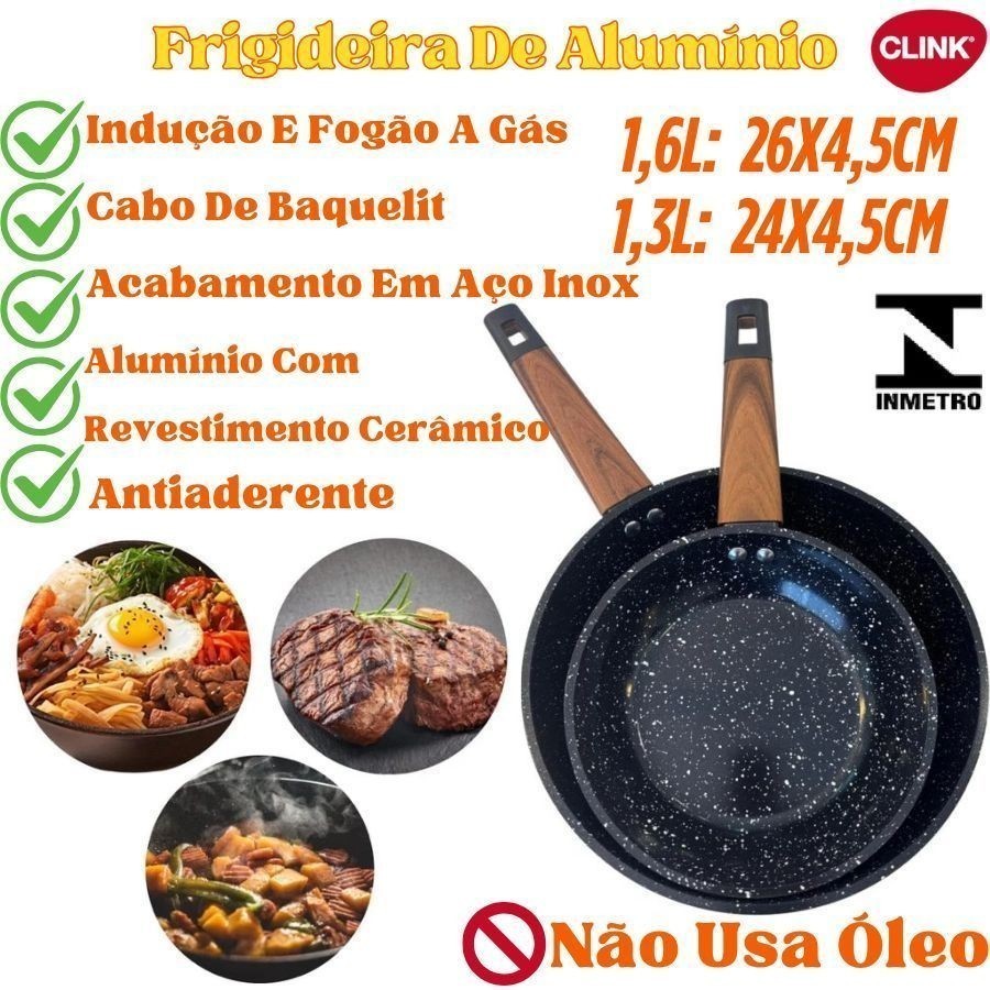 Frigideira Antiaderente 1,3L Ou 1,6L Revestimento Cerâmico 24cm Ou 26cm Alumínio Indução Ou Fogão