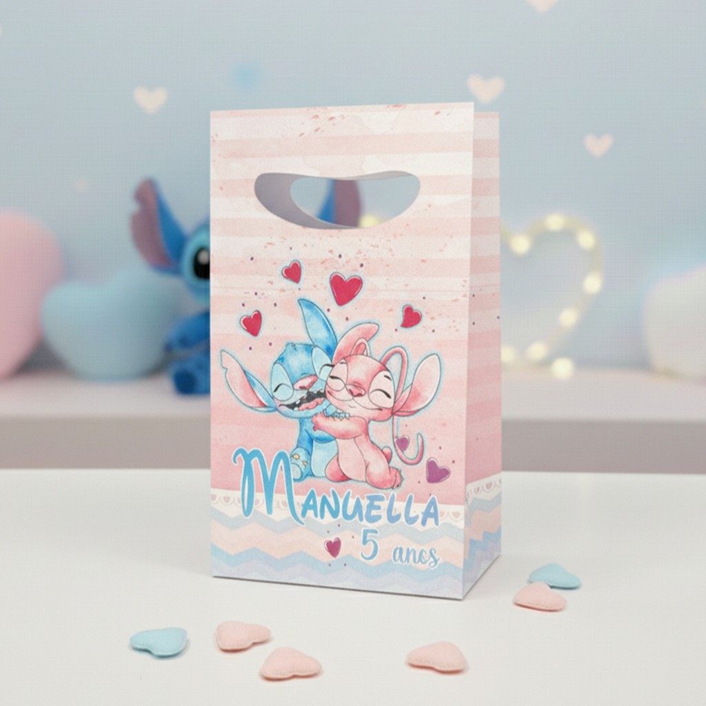 Sacolinhas Stitch e Angel Aquarela - Lembrancinha - Sacolinhas Surpresa Caixinha  PEGUE E MONTE