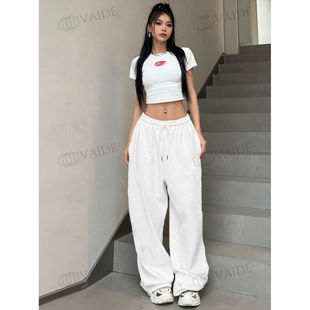 Calça Wide Leg Feminina Básica Sem Estampa Versátil tecido Quente Grosso Pantalona Moletom 