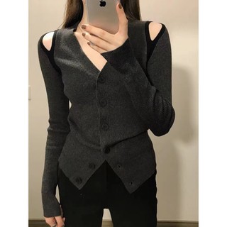 Oco fora do ombro com decote em v Cardigan de malha feminino outono inverno gordura mm tamanho grande mais magro olhar c
