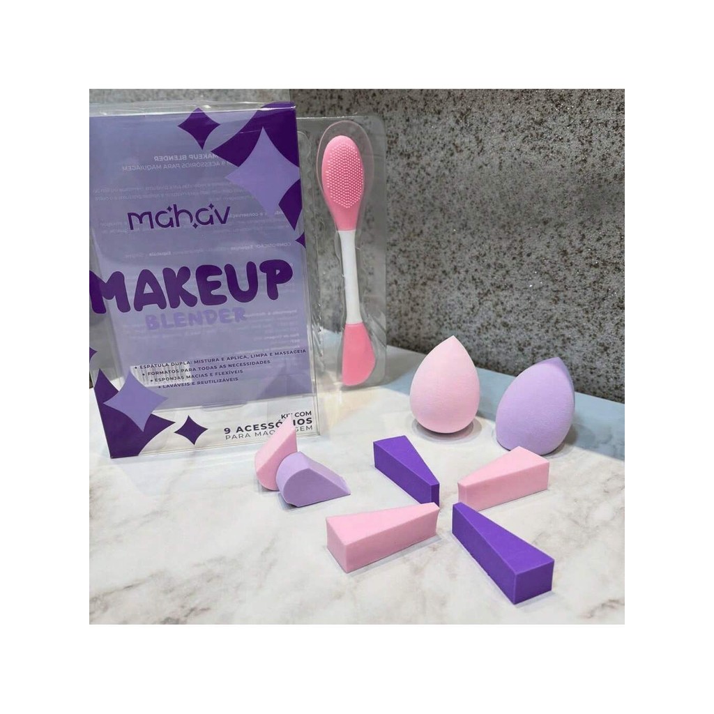 Kit Makeup Blender 09 Acessórios Mahav Esponjas e Espátula Facial Maquiagem
