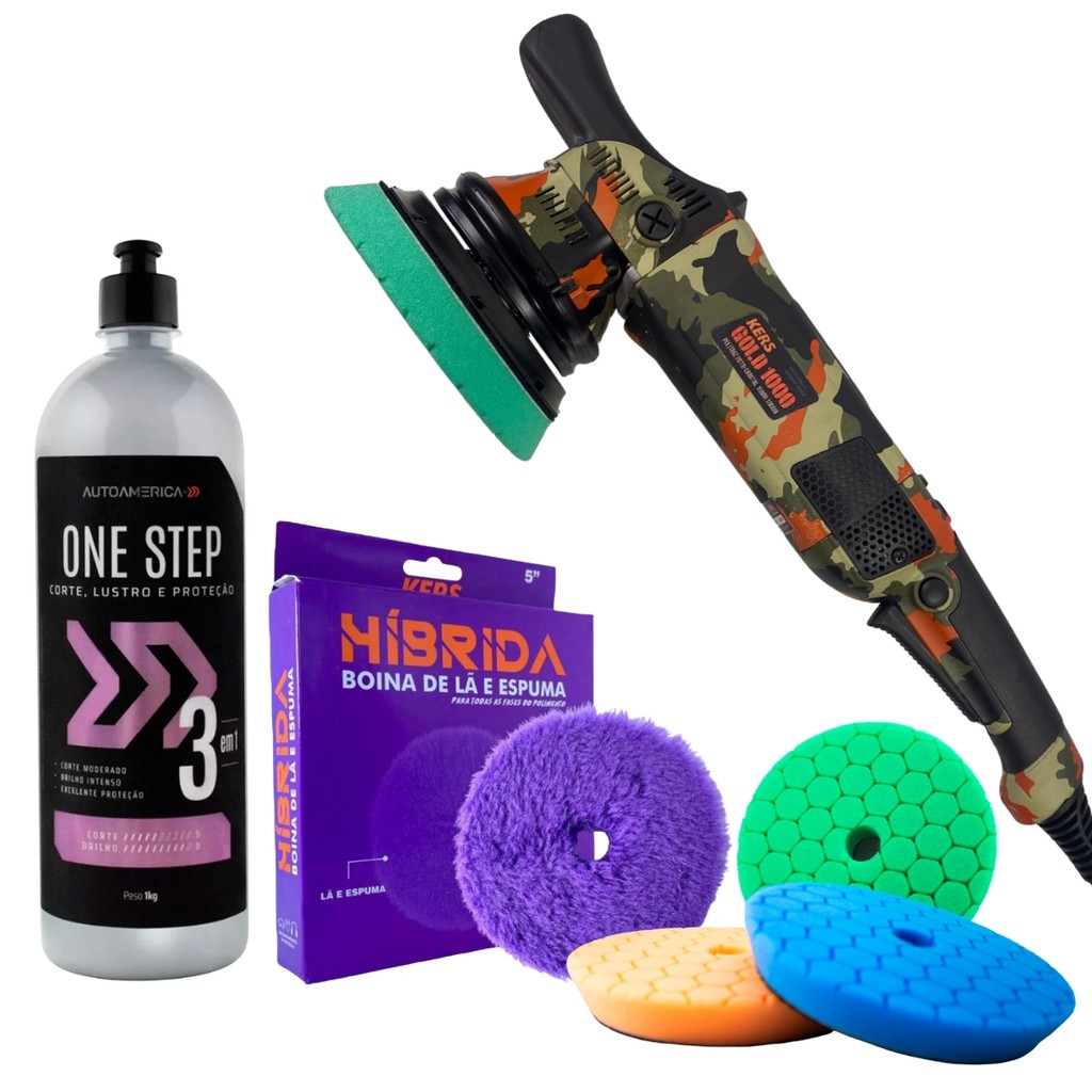 Kit Politriz Roto-Orbital Gold 1000w 15mm + One Step Autoamerica + Boina Hibrida + 3 Boinas Hyper