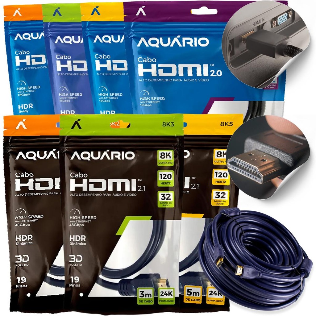 Cabo HDMI 2.0 4K E 2.1 8K Aquário Gold Blindado 2m 5m 10m Alta Velocidade em Oferta na Shopee