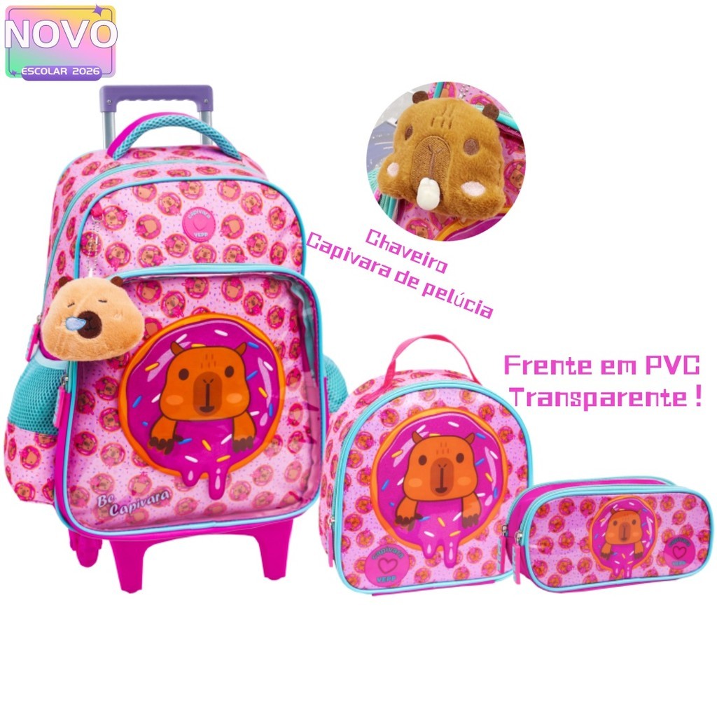 Kit Mochila De Carrinho Transparente Com Chaveiro Capivara De Pelúcia Grande Escolar 2026 em Oferta na Shopee