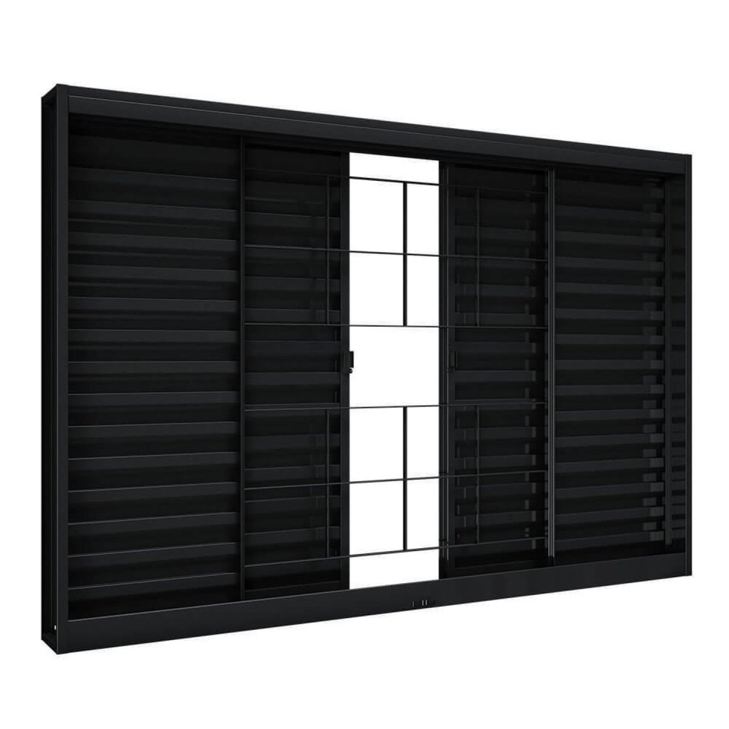 Janela de Aço Veneziana de Correr Central sem Folha para Vidro com Grade Quadrada 4 Folhas 100x150cm Preto