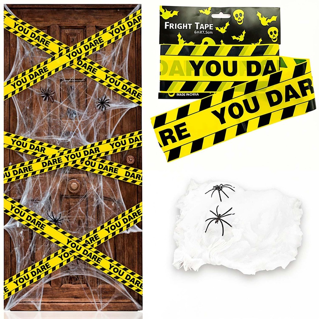 Kit Decoração Halloween Porta Parede Hall Predio Completo Faixa de Isolamento 'You Dare' e Teia de Aranha com 2 Aranhas em Oferta na Shopee