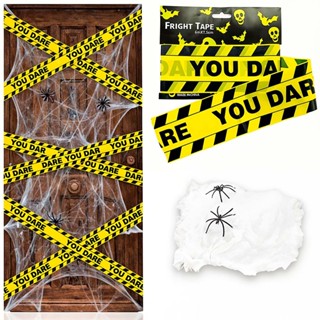 Kit Decoração Halloween Porta Parede Hall Predio Completo Faixa de Isolamento 'You Dare' e Teia de Aranha com 2 Aranhas em Oferta na Shopee
