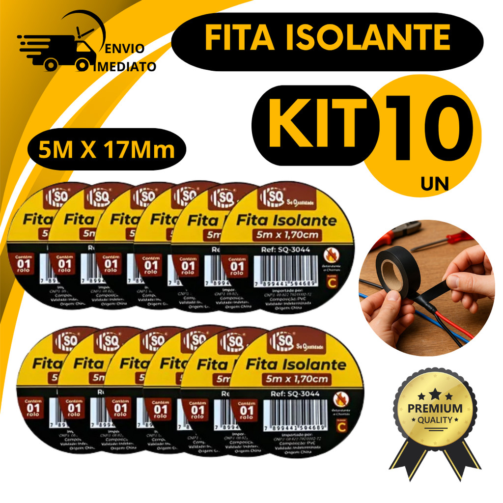 Kit 10 Unidades Fita Isolante Preta 5 Metros x 17mm Para Fios e Reparos Antichama Industrial em Oferta na Shopee