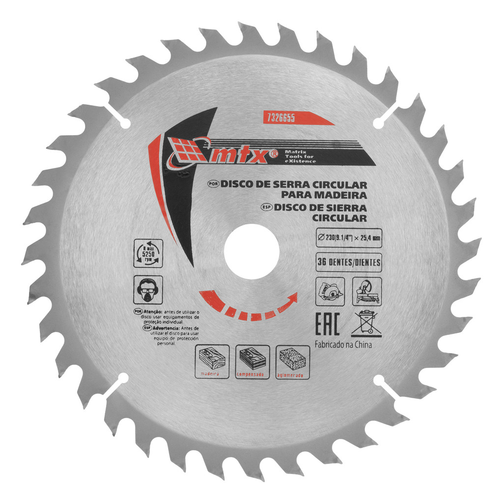 DISCO SERRA CIRCULAR PARA MADEIRA, 230MM (9,1/4POL.) X 25,4MM, 36 DENTES, 1PC // MTX