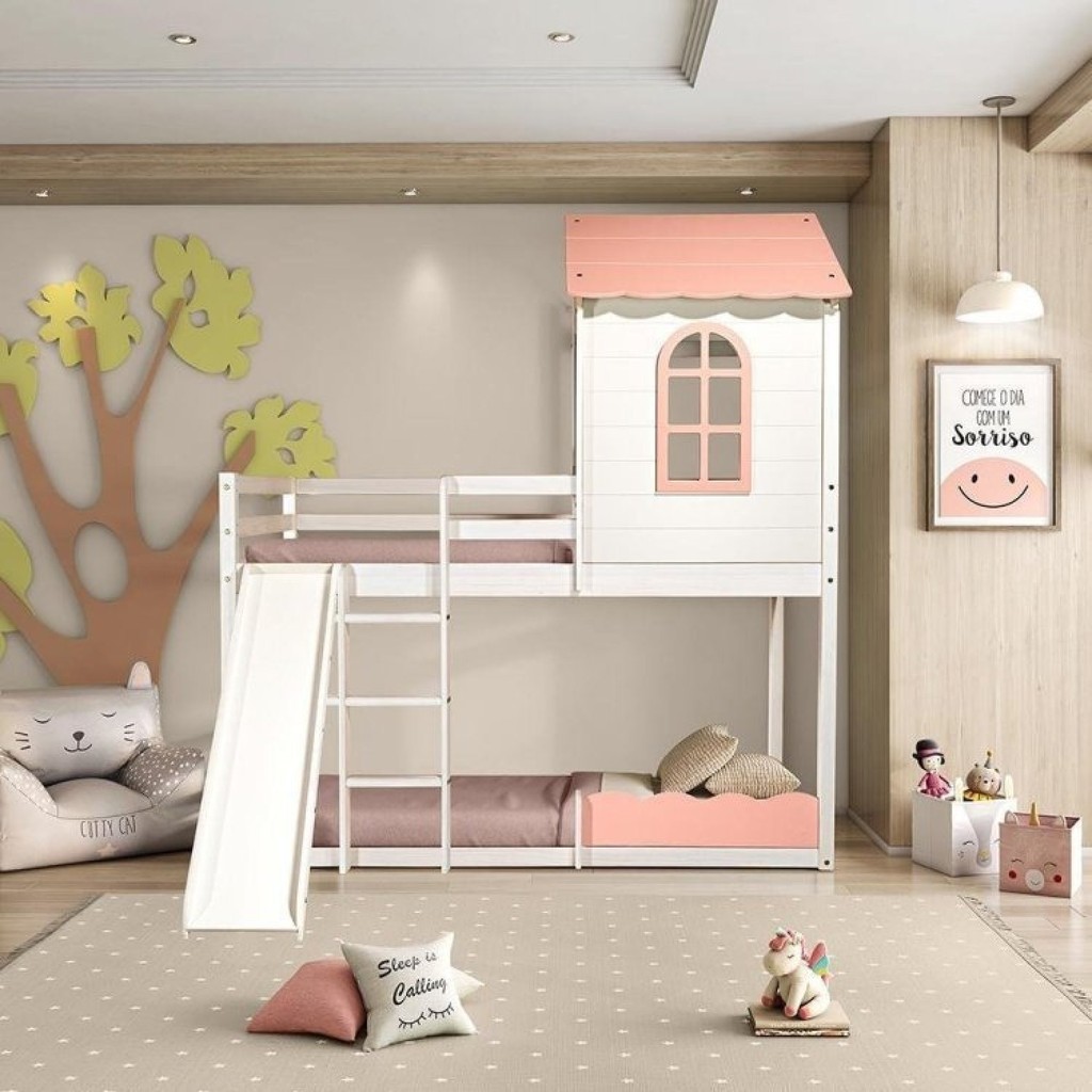 Beliche Montessoriano Club House Sweet com Escorregador Casatema MadeiraOriginals Branco/Rosa Rosa/Branco