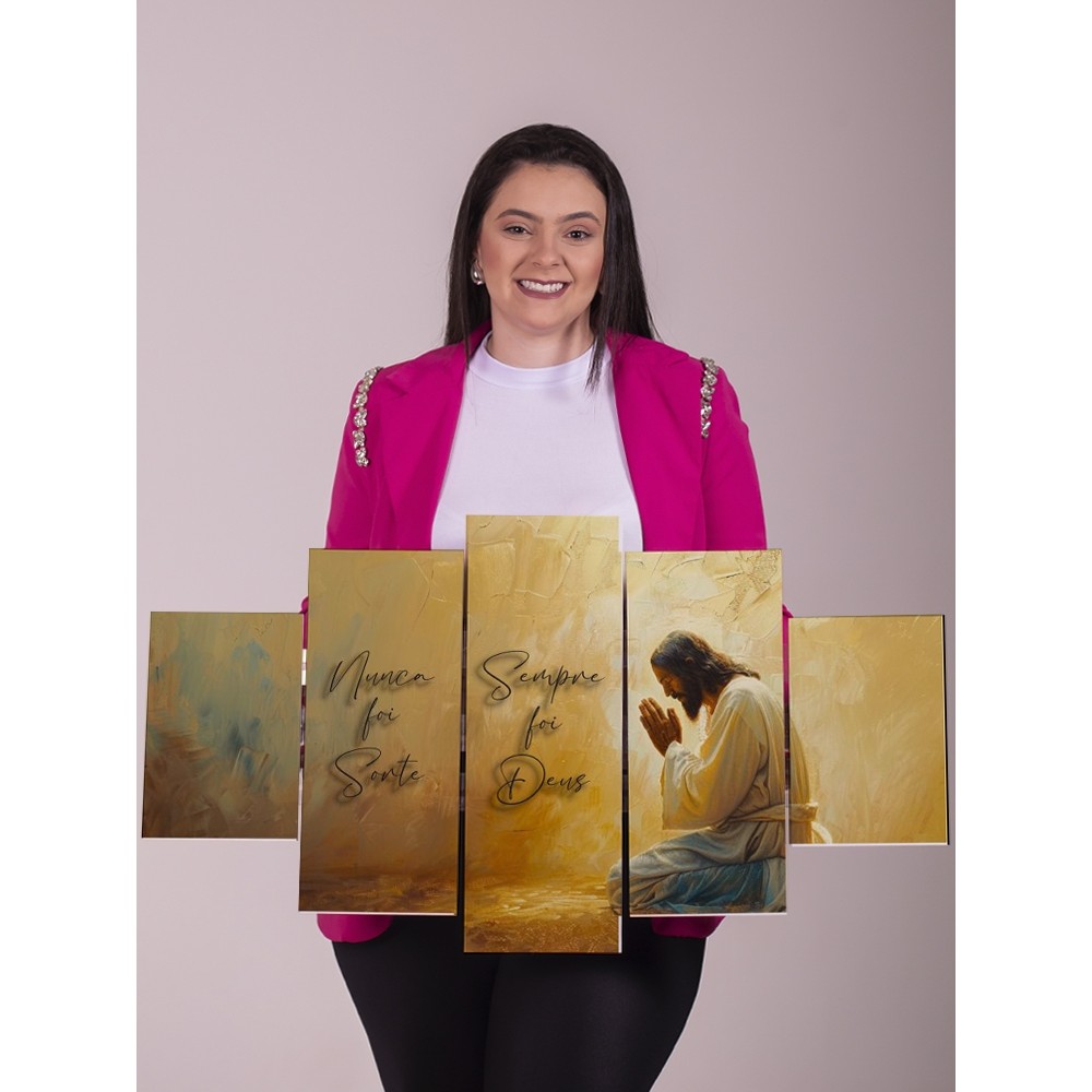 Quadro Decorativo Religioso 5 Peças Jesus Sempre Foi Deus Nunca Foi Sorte Sala Quarto Parede Fé