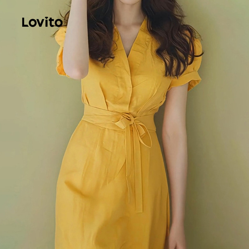 Detalhes do Lovito Vestido Amarelo Elegante com Cinto e Decote em Renda para Primavera/Verão