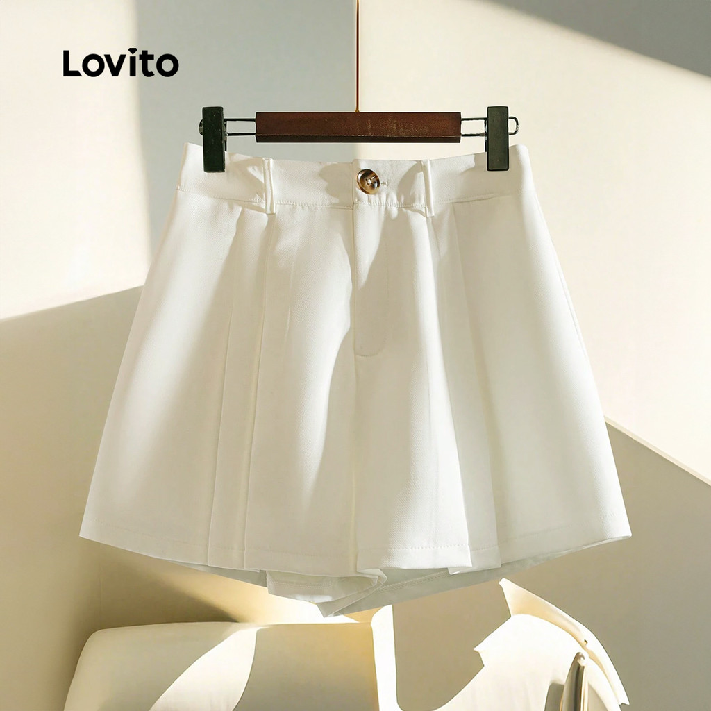 Detalhes do Lovito Short Feminino Casual Liso Plissado Verão Primavera Curto L133ED648