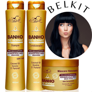 Kit Hidratação Capilar Banho De Verniz Belkit 3 Itens (Shampoo, Condicionador e Máscara)  -  Hitratação + Maciez + Brilh em Oferta na Shopee
