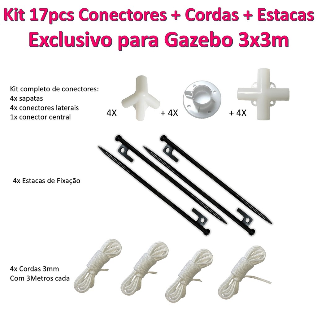 KIT 17 Peças 4 Estacas + 9 Conectores + 4 Cordinhas Barraca Tenda Gazebo Camping Reparos Estruturais