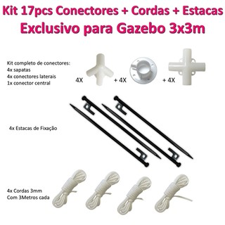 KIT 17 Peças 4 Estacas + 9 Conectores + 4 Cordinhas Barraca Tenda Gazebo Camping Reparos Estruturais