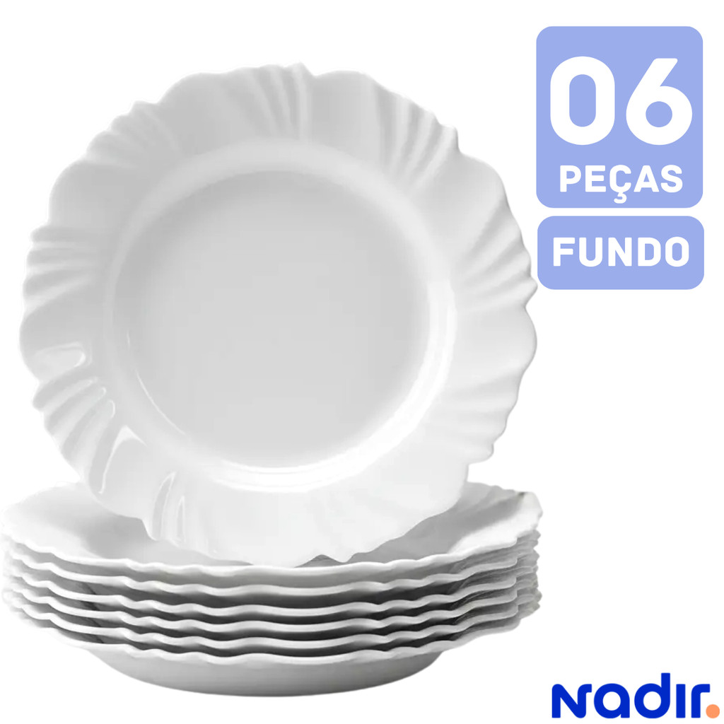 Kit 4 6 12 Pratos Opaline Vidro Fundo Pétala Branco Brilhante Servir Jantar e Almoço Buffet