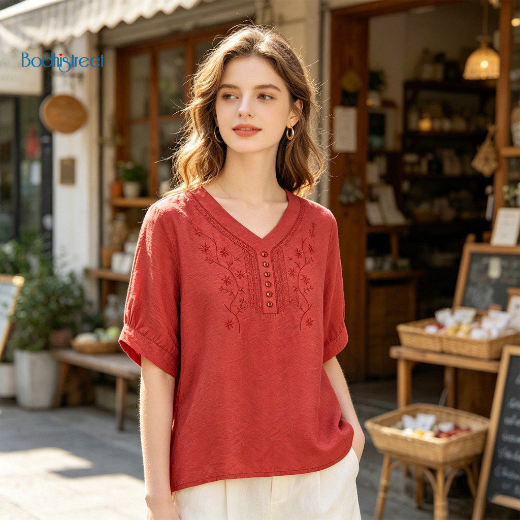 Comfortable Women Clothing Shirt Women’s V-neck Embroidered Flower Short Sleeve Pullover Top Loose Fit Summer T-shirt