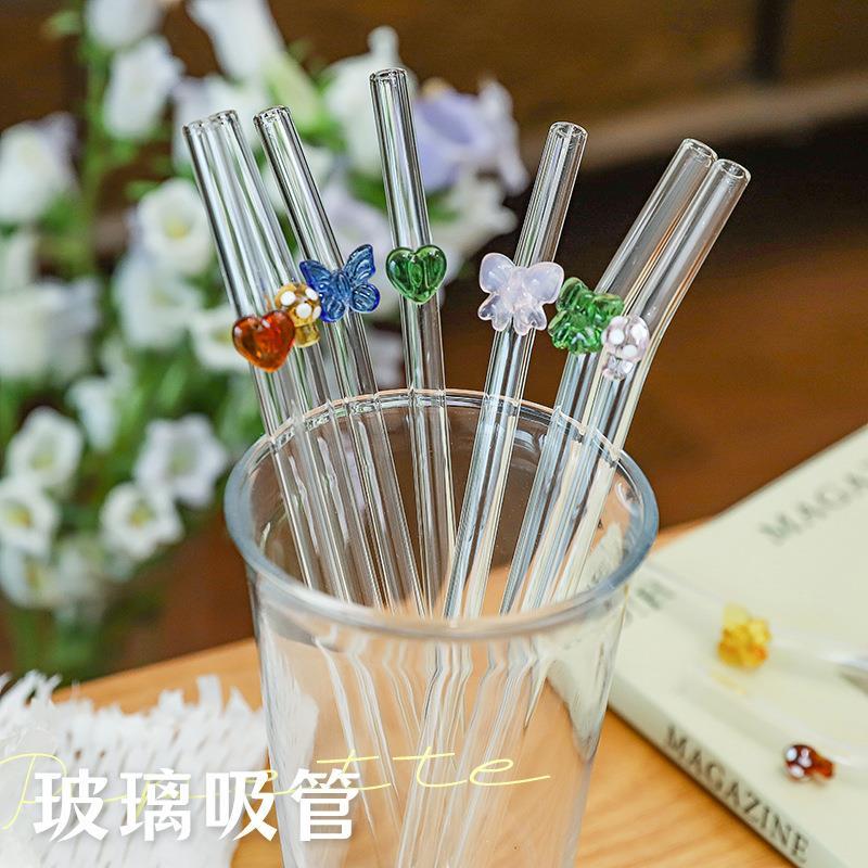 Palha de vidro japonesa borboleta amor suco transparente leite bebida leite chá colorido curvo palha torcido tubo reto