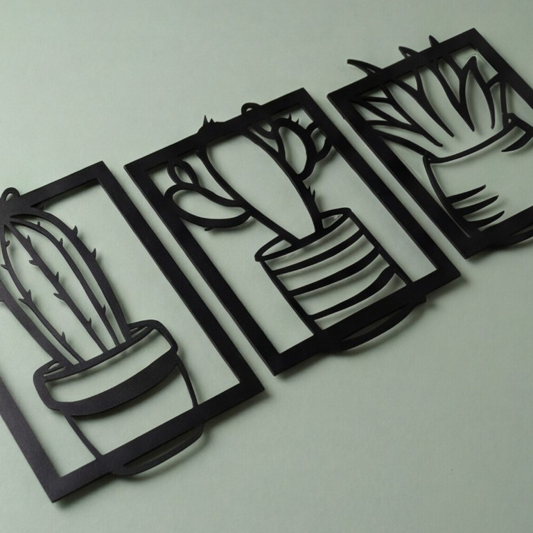 Kit 3 Quadros Cacto Suculenta MDF Preto Recorte Laser Parede Decorativa Sala Quarto Boho Moderno 3D