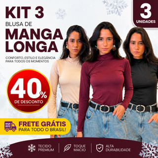 Kit 3 Blusa Feminina Estilosa Manga Longa Elegante Gola Alta Camisa De Frio Confortável Básico Liso
