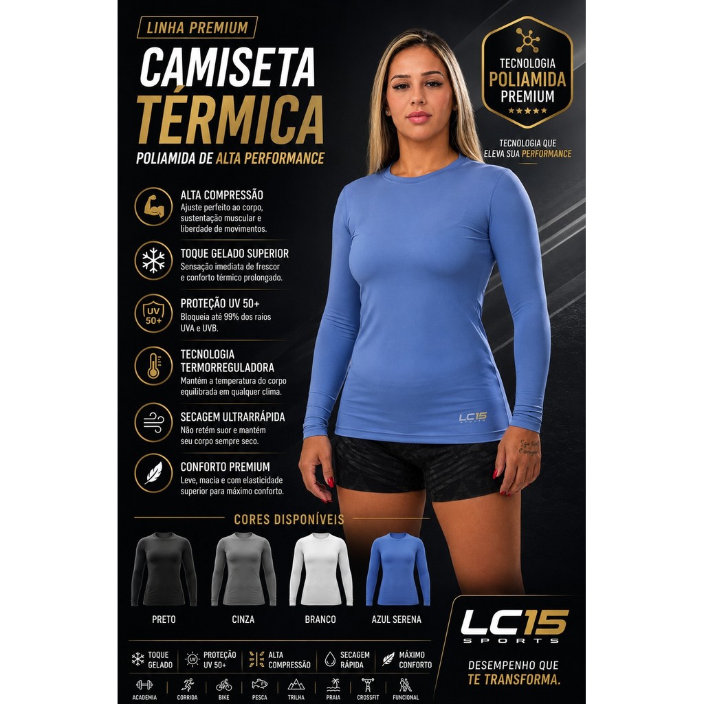 Camiseta Térmica Feminina Premium Segunda Pele Manga Longa com Proteção UV