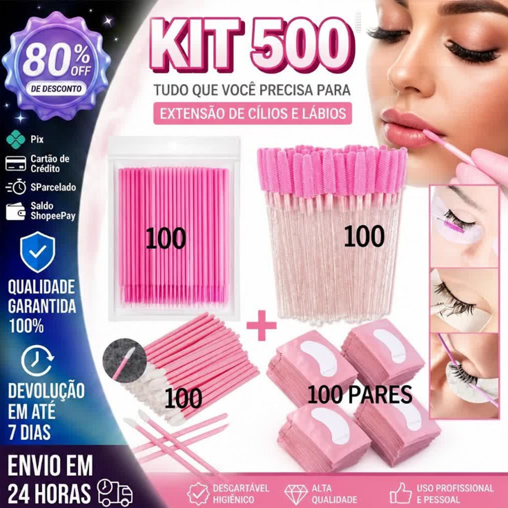 Kit - 100 Escovinhas + 100 Microbrush + 100 Aplicador +KIT 100 Pares de Gel Pads (200 Unidades) deAlongamento Cilios
