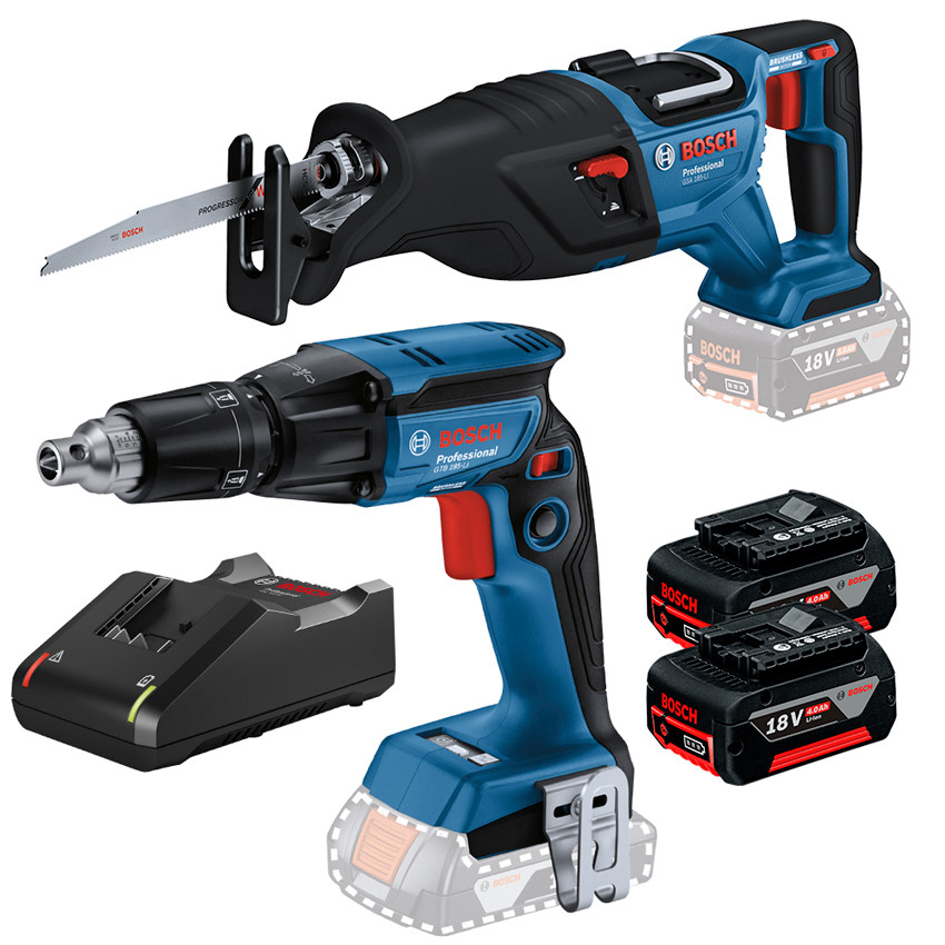 Kit Parafusadeira para Drywall GTB 185-LI + Serra Sabre GSA 185-LI + 2 Bateria 4Ah + Carregador Rápido Bosch
