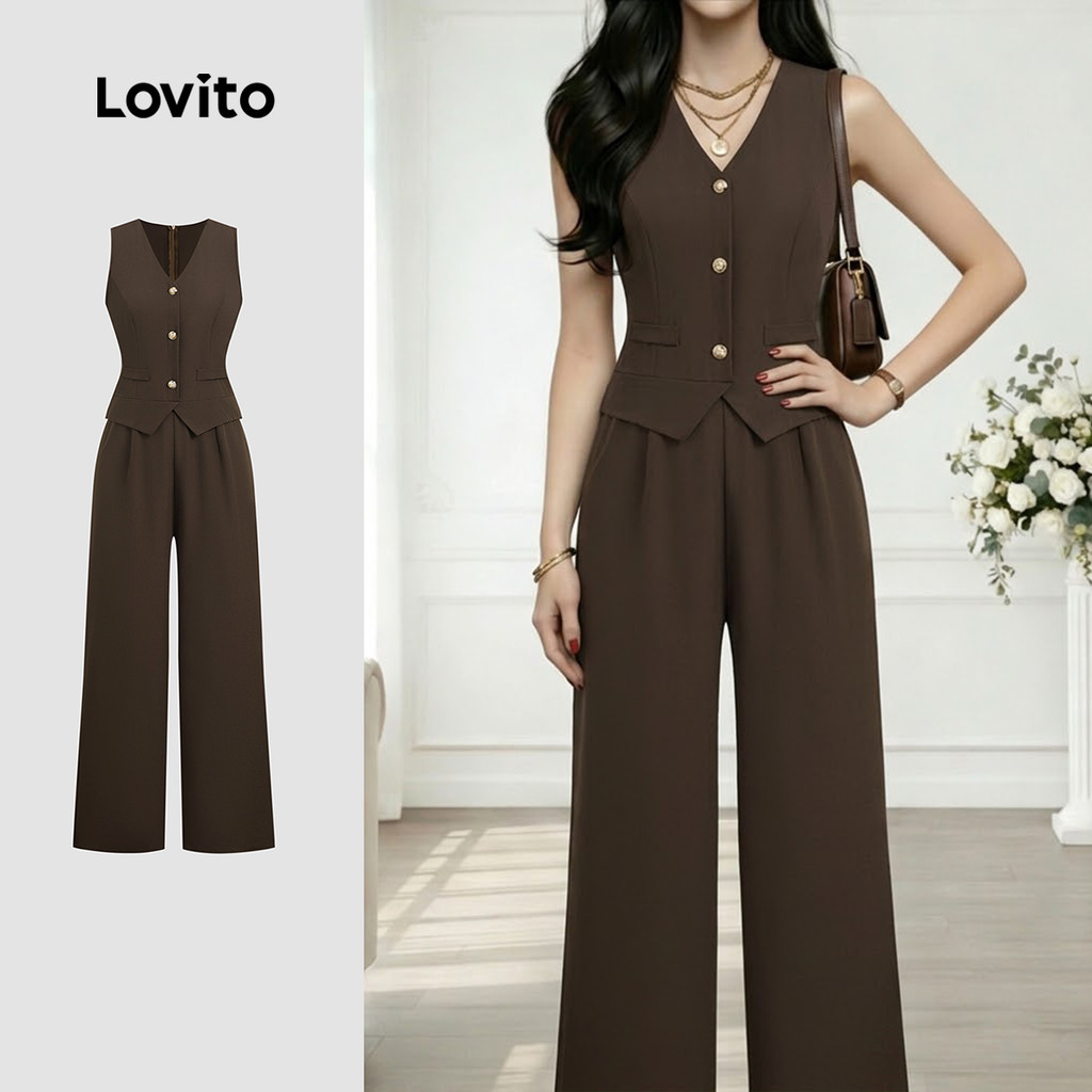 Lovito Macacão Elegante com Botões Na Frente Zíper Marrom de Primavera/verão para mulheres LK6LD407