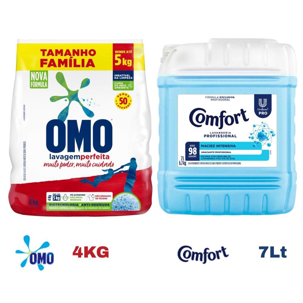 Kit Sabão OMO 4kg + Amaciante Comfort 7L Lavanderia Profissional | 1/2/3 unidades