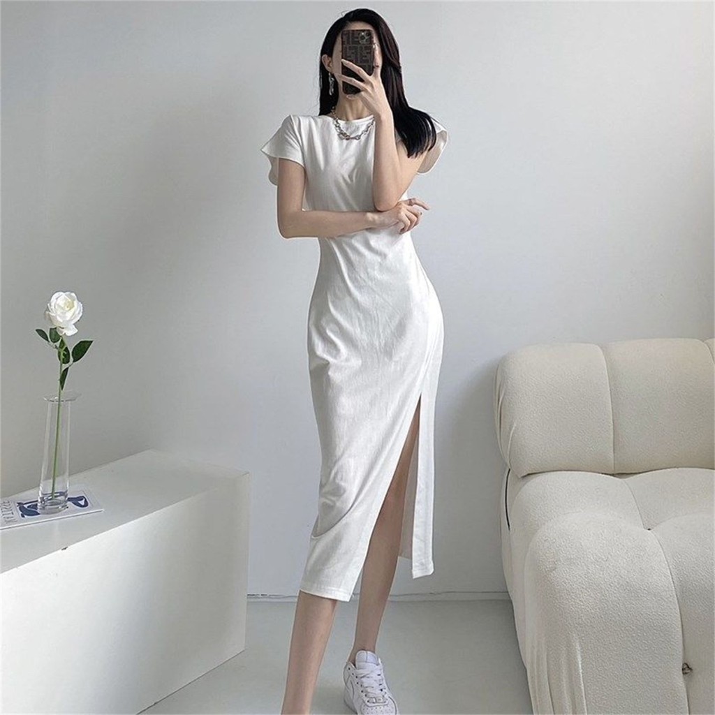 Vestido branco de fenda alta moda Casual Design fenda alta manga curta vestido simples
