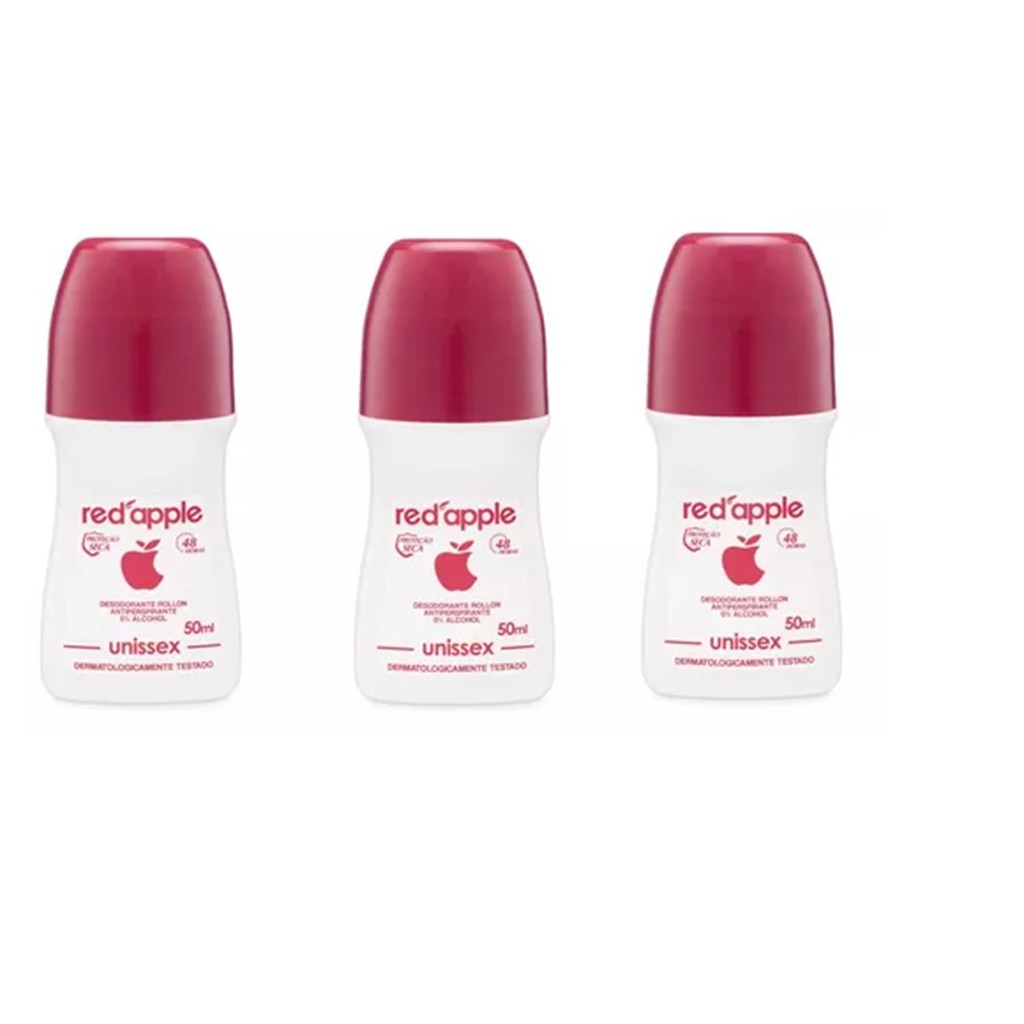 Kit 3 Desodorante Red Apple Rollon Unissex 50 ml - Cosinter