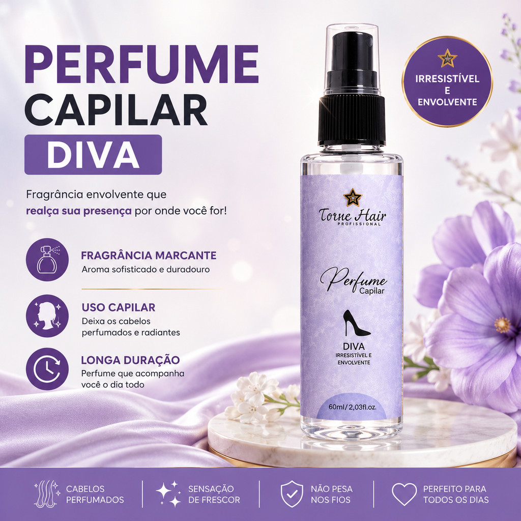Perfume Capilar Feminino Diva 60ml e 30ml – Fragrância Marcante que Realça sua Elegância e Confiança