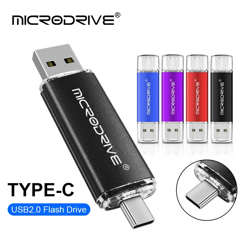 Pendrive OTG 2 em 1 tipo C USB 2.0, Pen Drive de 128GB, 64GB, 32GB, 8GB, Memória USB de Metal para