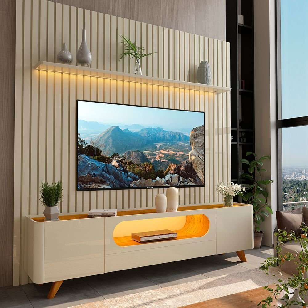 Rack com Painel Ripado para TV até 90 Polegadas com LED 100% MDF 228,8CMX310CM Pés em Madeira Maciça 1 Gaveta 2